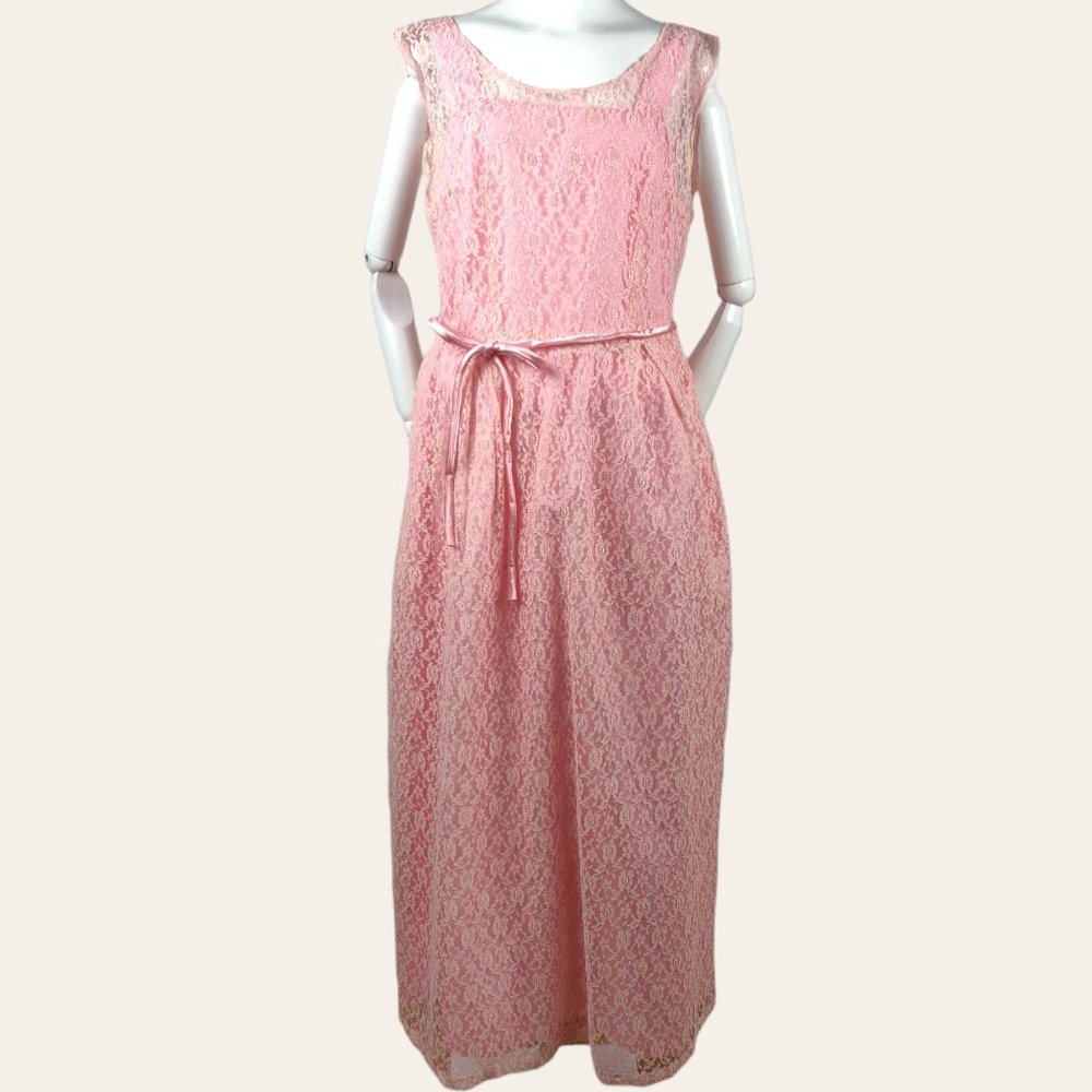 Vintage 1960s MCM Pink Lace Cocktail Dress Gown Long Sheath MOD Princess Core M